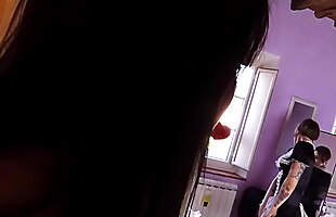 Lesbian maid in white stockings sucks and licks Petra Feet